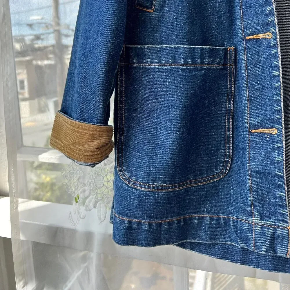 90s Vintage Corduroy Collar Blue Denim Jean Chore Coat Field Jacket Small Mens